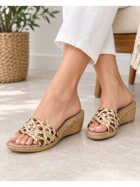 Italian Shoemakers Italy Metallic Multi Woven Slide Wedge Sandals Size 8 New